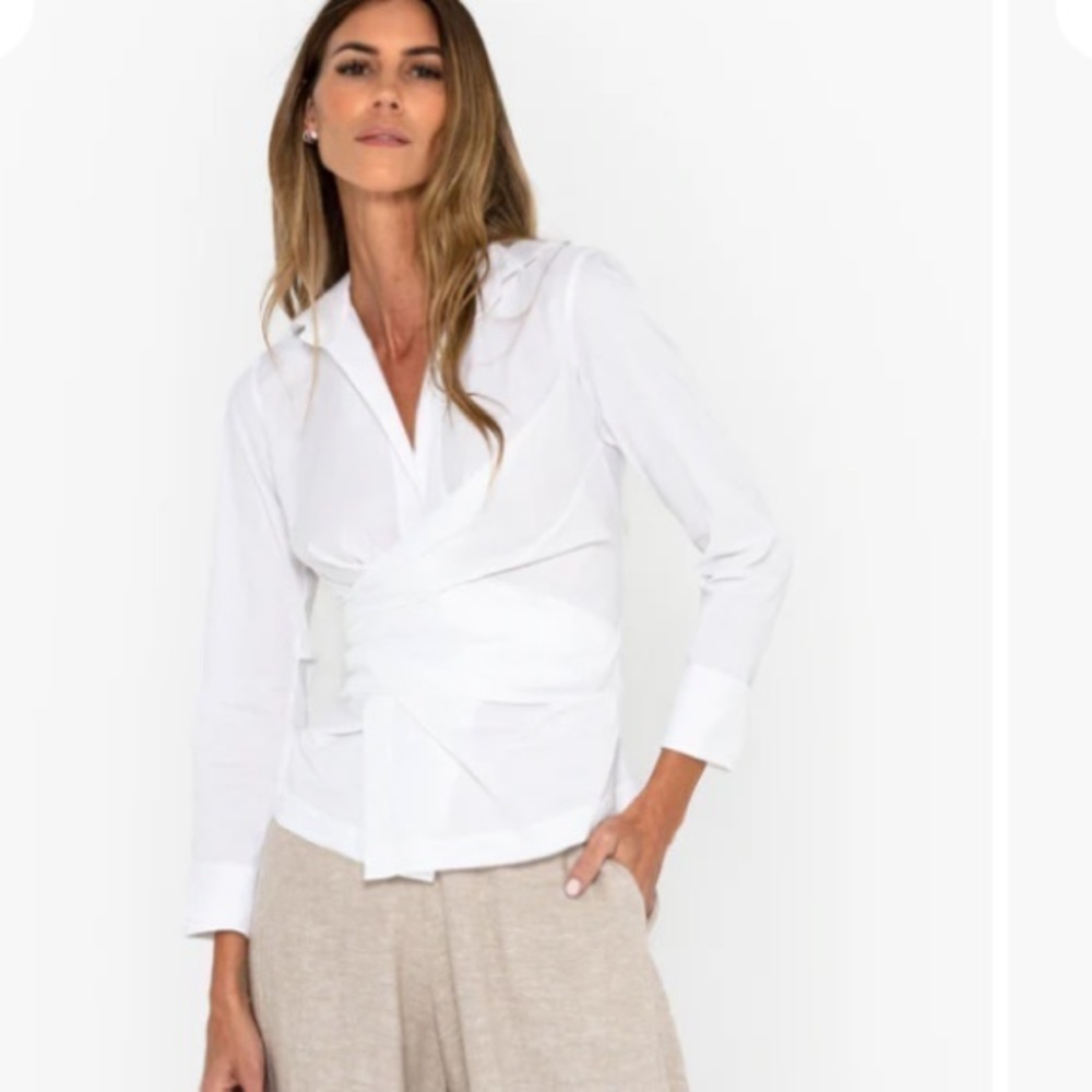 Just BEE Queen NWT Valentina Puckered Ivory Linen Long Sleeve Wrap Top USA Made